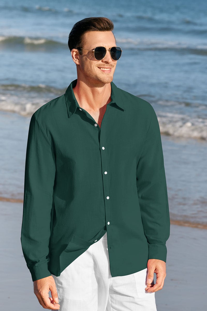 Runcati Mens Linen Casual Long Sleeve Shirt Cotton Tees Loose Fit Button Down Roll Up Summer Beach Yoga Tops (XXX-Large, Green-1) - Image 3